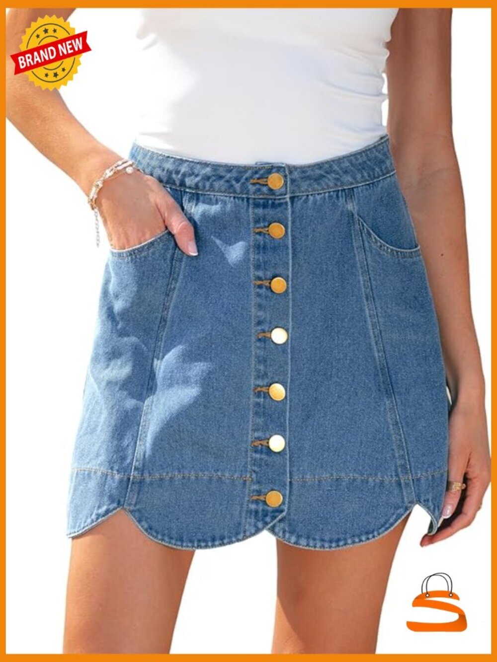 High Waist Denim Mini Skirt Button Front Scalloped Hem
